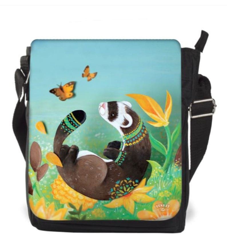 Messenger bag with ferret and flowers painted on 