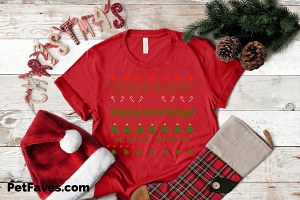 red ugly christmas T-shirt that says Happy Howlidays